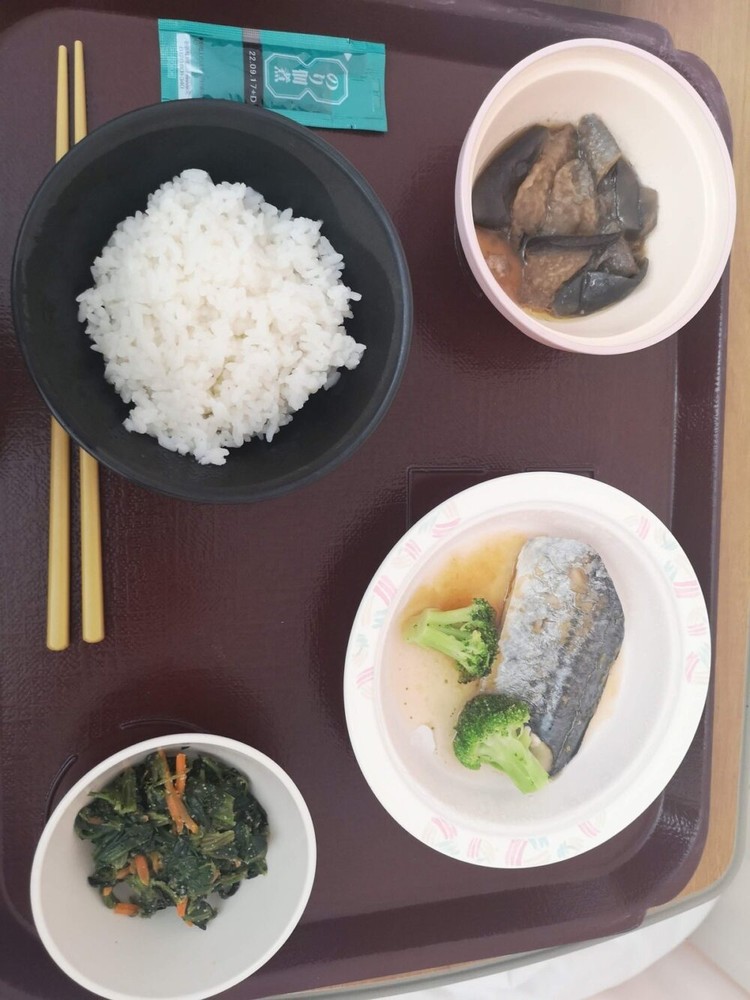 教育入院初日の夕食 さばの煮魚定食